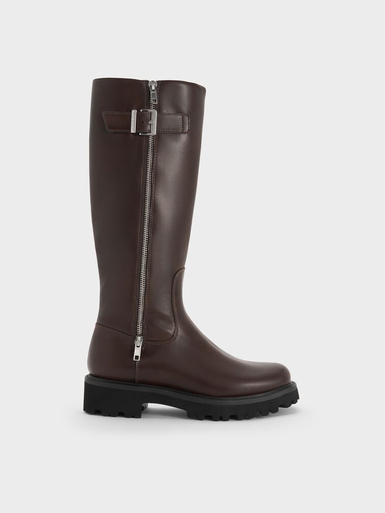 Lyndon Buckled Side-Zip Knee-High Boots, Dark Brown, hi-res