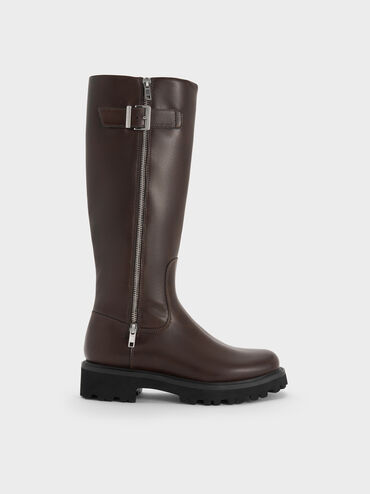 Lyndon Buckled Side-Zip Knee-High Boots, Dark Brown, hi-res