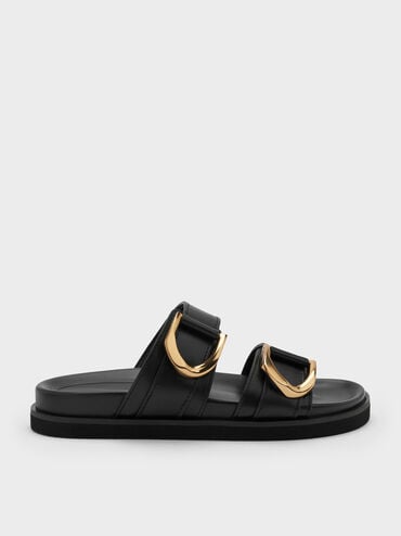 Gabine Gold-Buckle Leather Slides, Black, hi-res