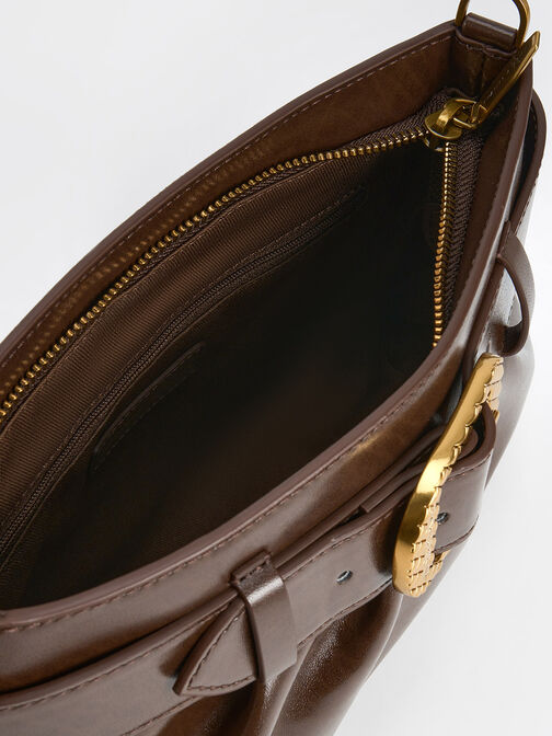 Avis Belted Ruched Shoulder Bag, Dark Brown, hi-res