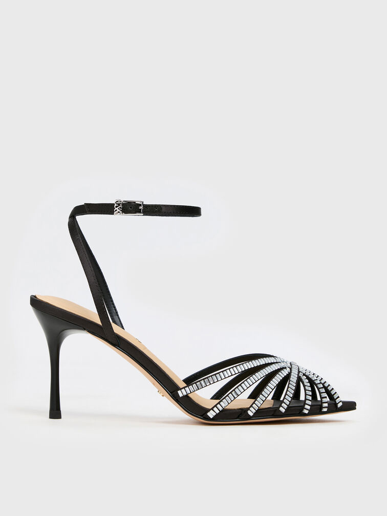 Jaylene Gem Peep-Toe Stiletto Sandals, Black Textured, hi-res