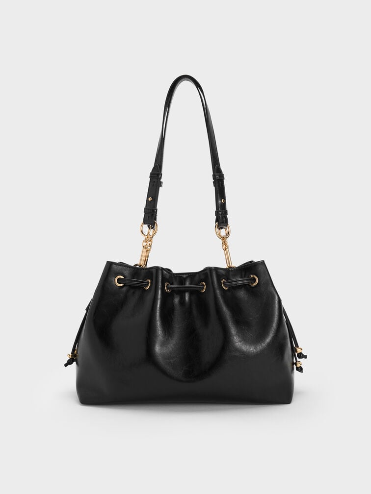 Moxie Drawstring Bucket Bag, Black, hi-res