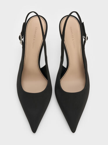 Satin Teardrop-Crystal Stiletto-Heel Slingback Pumps, Black Textured, hi-res
