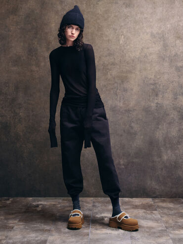 Bergen Textured Fur-Trim Buckled Platform Mules, Brown, hi-res