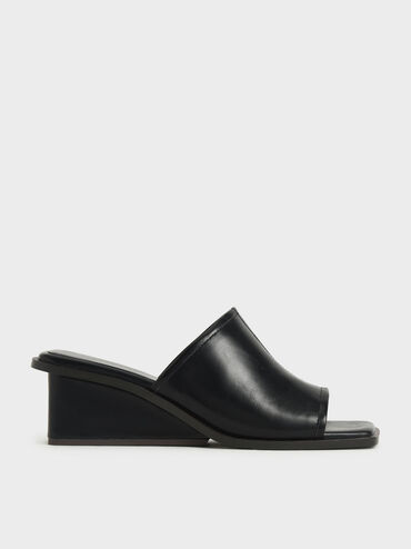 Square Toe Wedge Mules, Black, hi-res