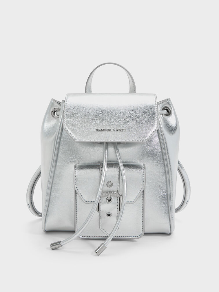 Blaise Metallic Front-Pocket Drawstring Backpack, Silver, hi-res