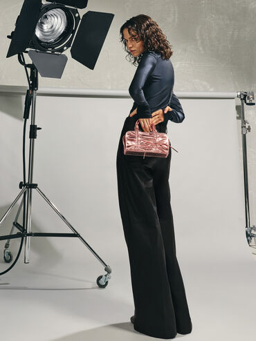 Kadee Metallic Ruched Bow-Charm Bowling Bag, Aura Pink, hi-res