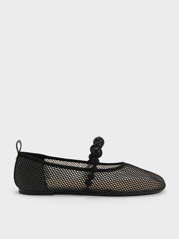 Leather Mesh Beaded Mary Jane Flats, Black Textured, hi-res