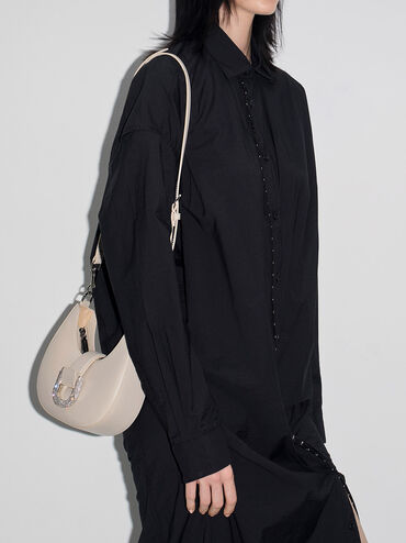 Túi đeo vai hình bán nguyệt Gabine Leather, Kem, hi-res