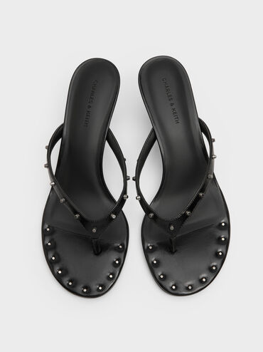 Briella Studded Heeled Thong Sandals, Black, hi-res
