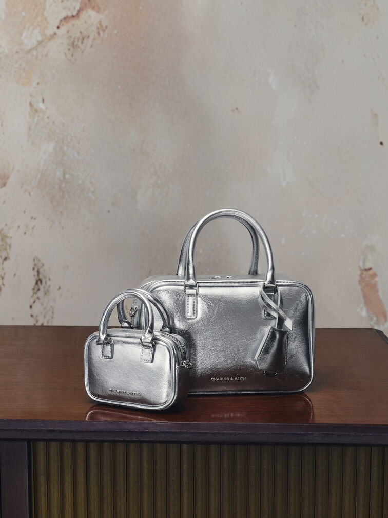 Mini Sianna Metallic Bowling Bag, Silver, hi-res