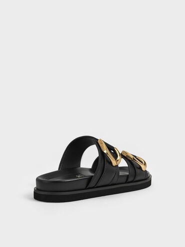 Gabine Gold-Buckle Leather Slides, Black, hi-res