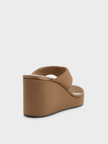 Satin Thong Platform Wedges, Brown, hi-res