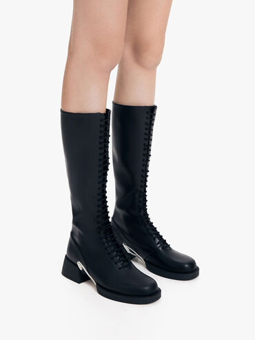 Giày boots cổ cao Devon Metallic-Accent Lace-Up, Đen, hi-res