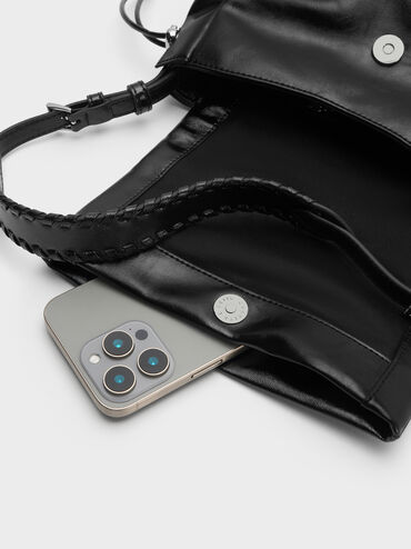 T&uacute;i đeo vai xếp li nắp gập Quinby, Noir, hi-res