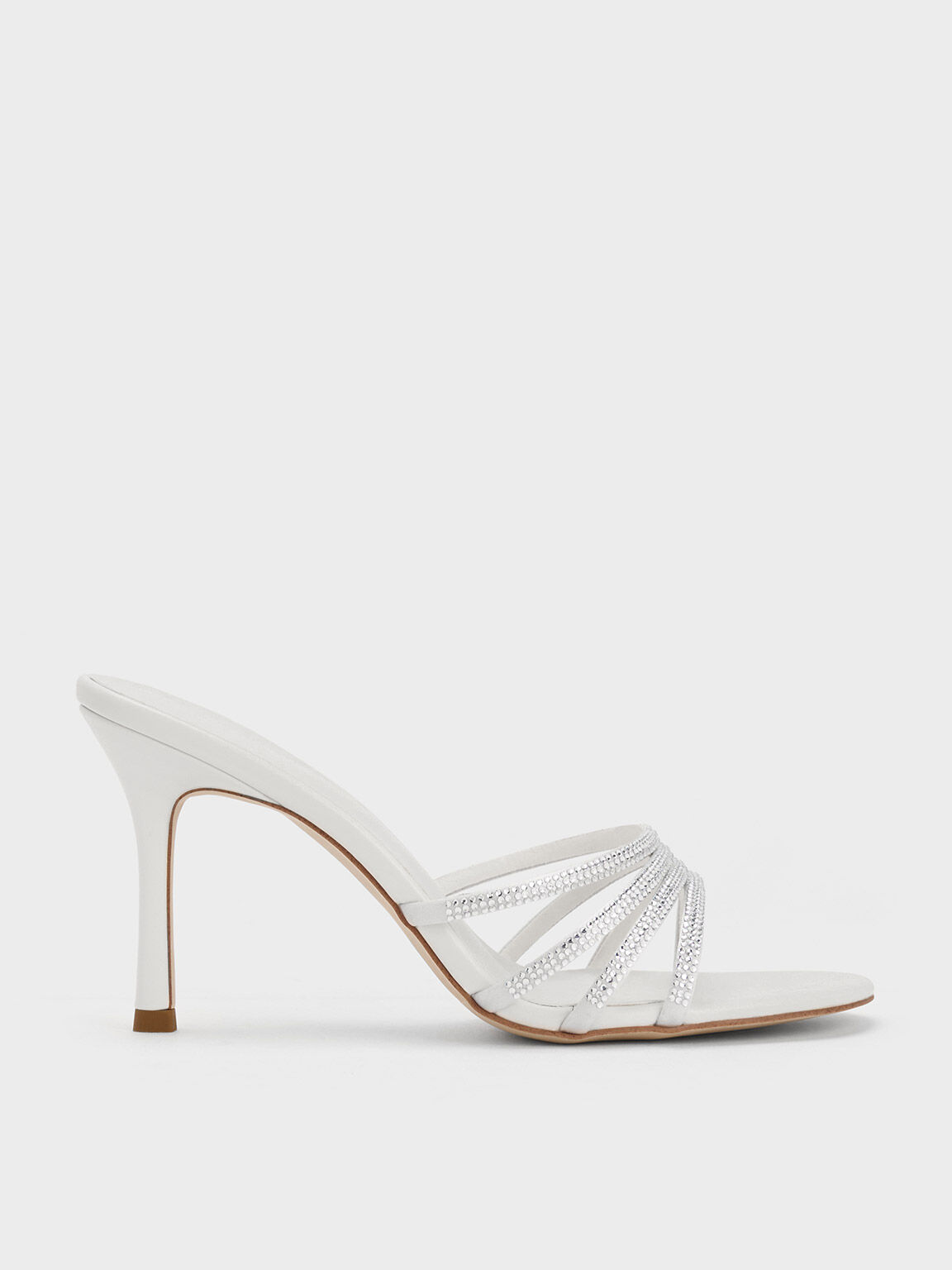 White Satin Crystal-Embellished Heeled Mules - CHARLES & KEITH VN