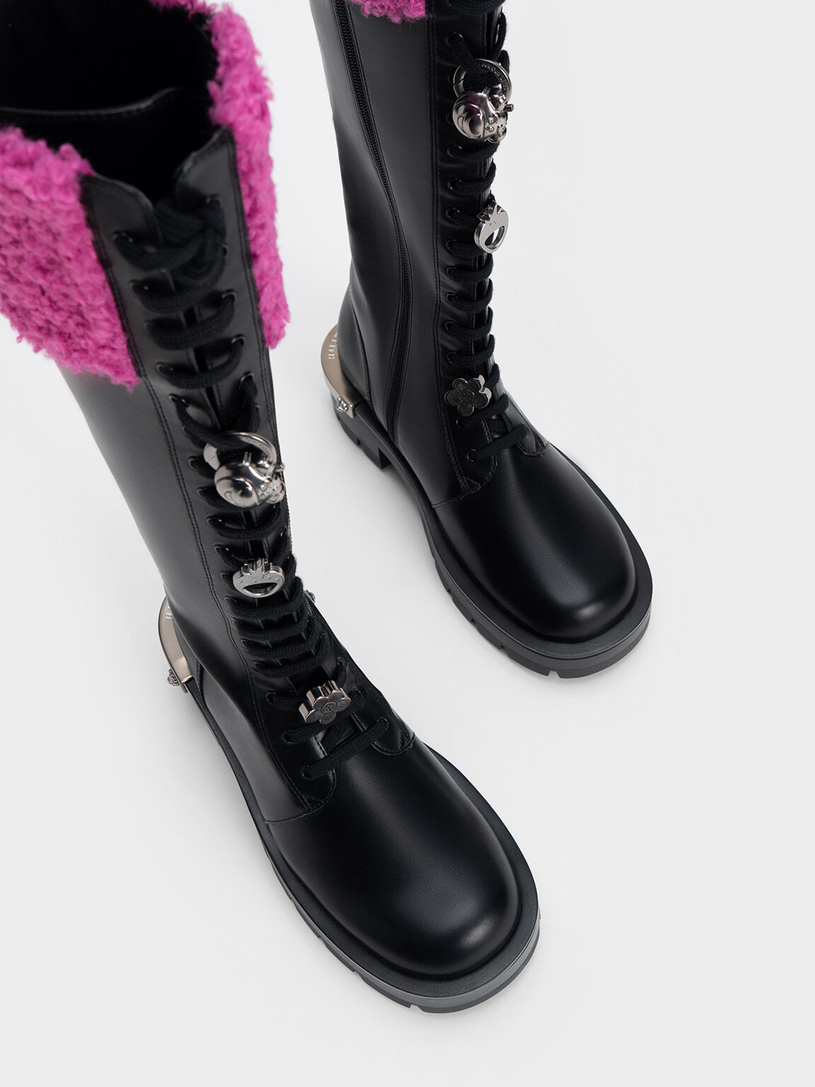 Giày combat boots Lotso Furry Knee-High, Đen họa tiết, hi-res