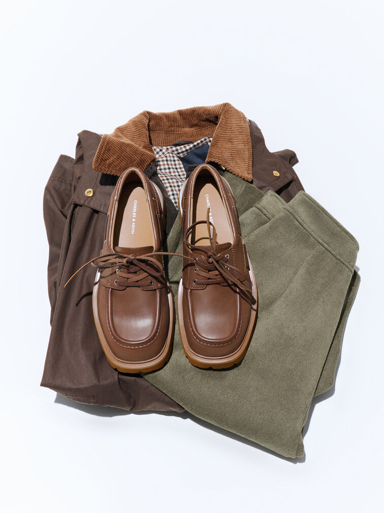 Giày lười mũi tròn Lace-Up Ridged-Sole, Rượu cognac, hi-res