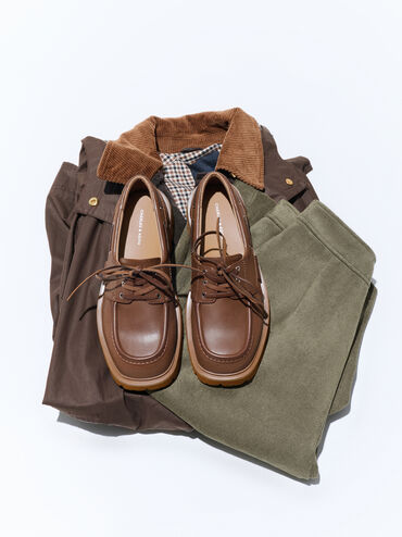 Giày lười mũi tròn Lace-Up Ridged-Sole, Rượu cognac, hi-res