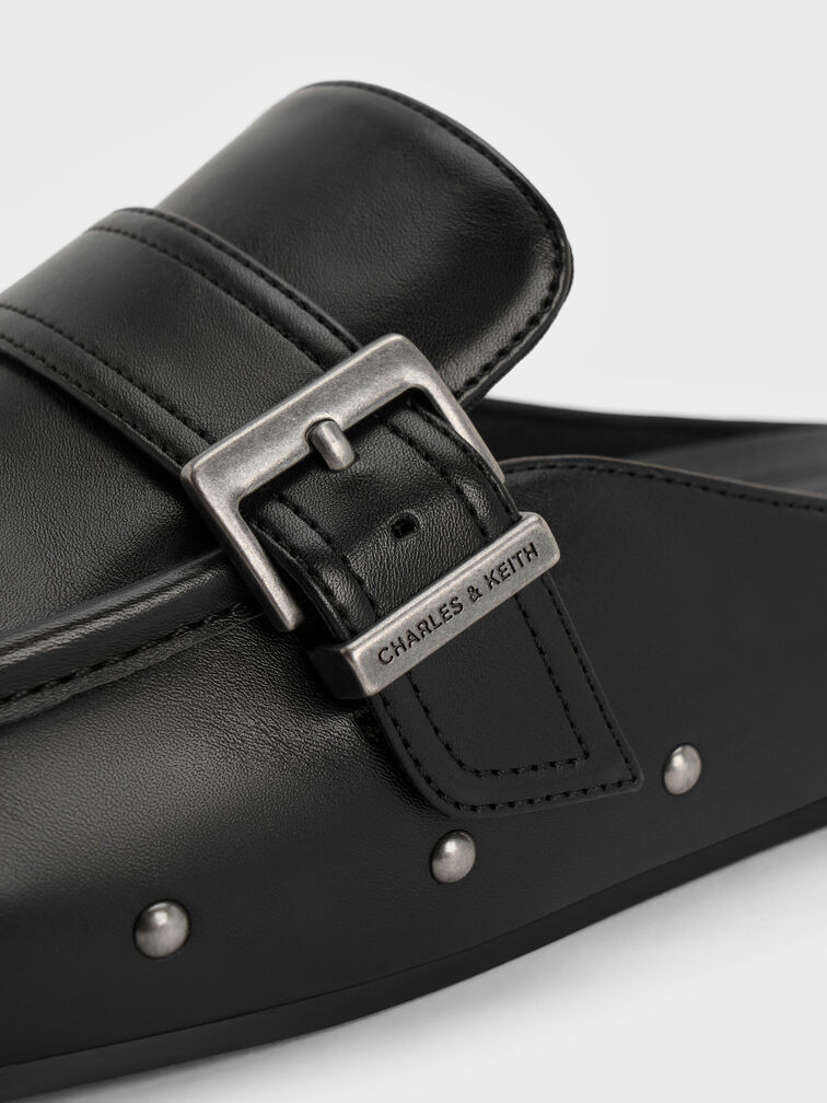 Studded Buckled Flat Mules, Black, hi-res