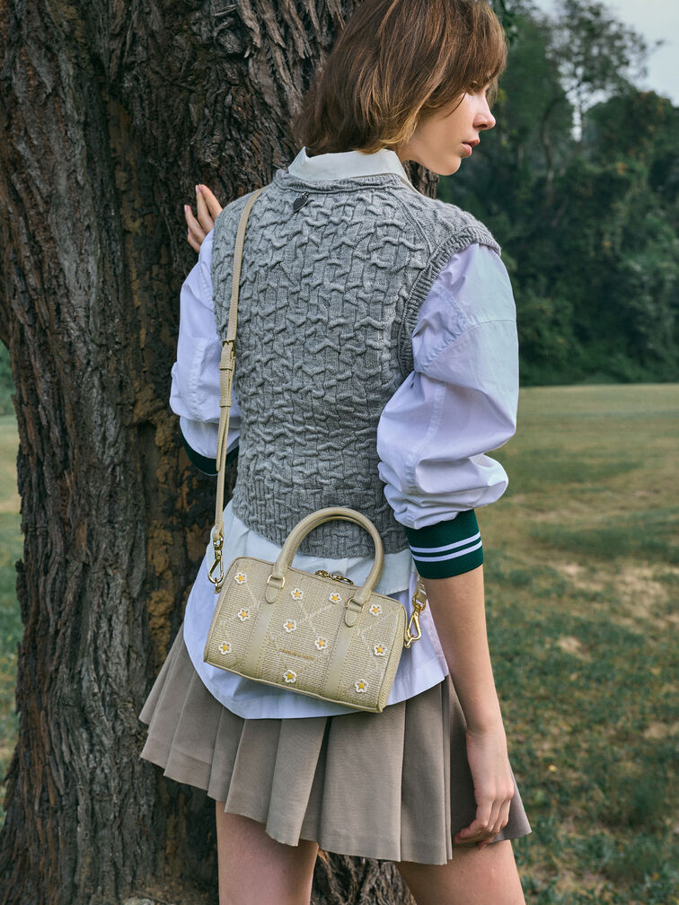 T&uacute;i đeo vai phom chữ nhật Philomena Raffia Flower, Pale Olive, hi-res