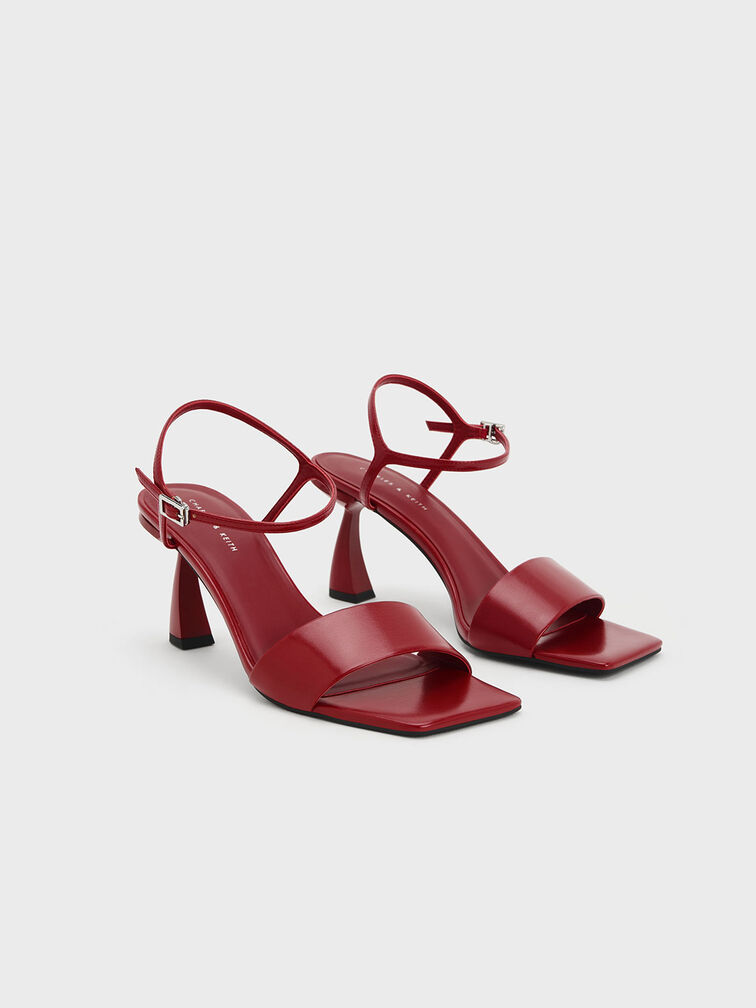 Open Toe Curved Heel Sandals, Red, hi-res
