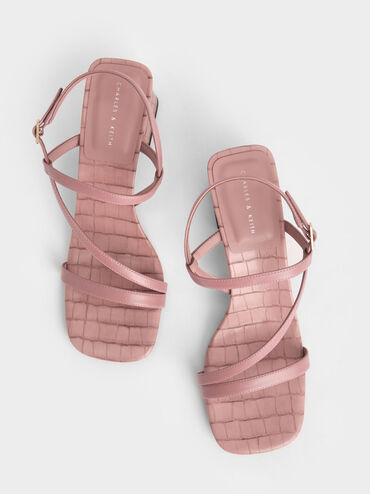 Giày sandals cao gót Croc-Effect Asymmetric Slingback, Hồng, hi-res