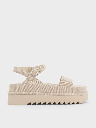 Twill Flatform Sandals, Beige, hi-res
