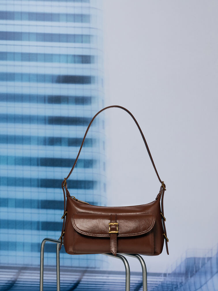 Bryna Belted Shoulder Bag, Dark Brown, hi-res