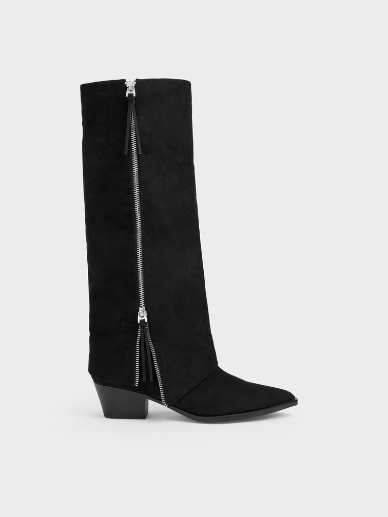 Aether Faux Suede Tassel-Zip Knee-High Boots, Black Textured, hi-res