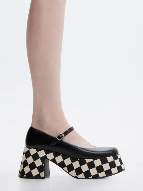Giày cao gót bít mũi Checkered Platform Mary Janes, Nhiều màu, hi-res