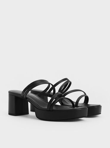 Strappy Trapeze-Heel Mules, Black, hi-res