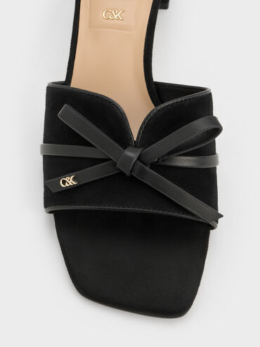 Leather & Suede Bow Heeled Mules, Black Textured, hi-res