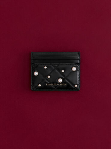 Janie Pearl-Embellished Quilted Card Holder, Black, hi-res