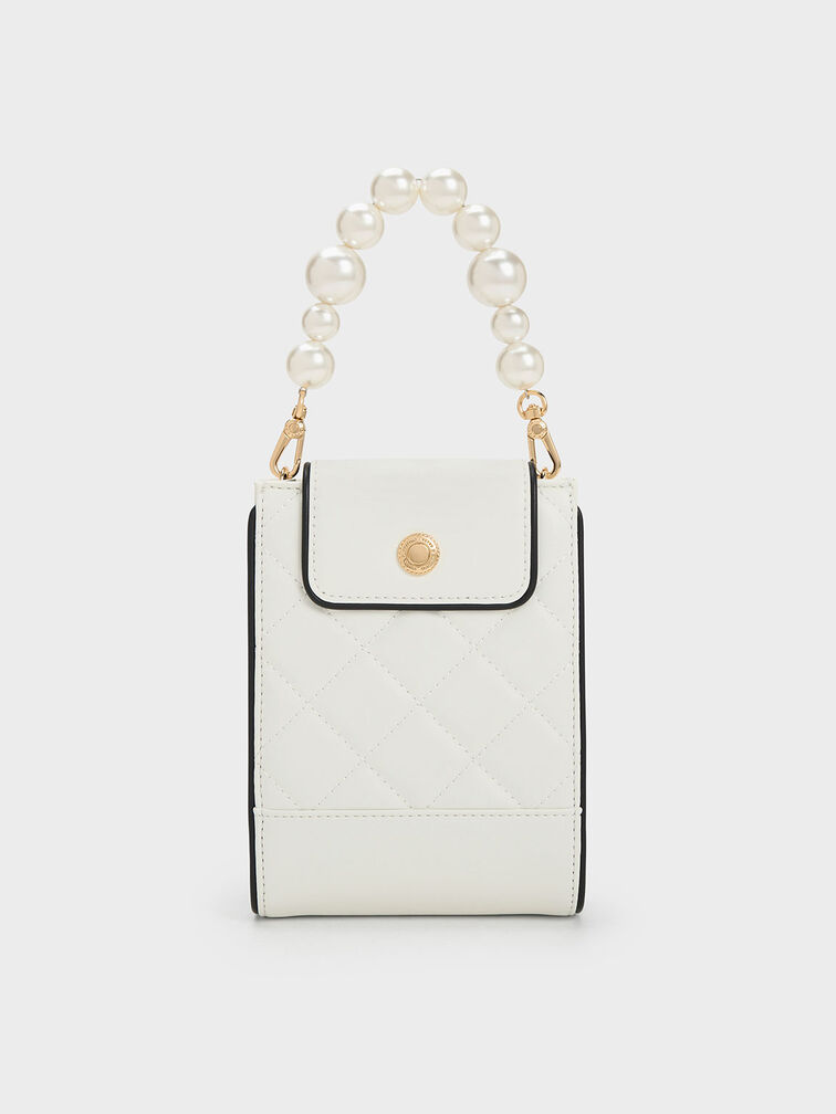 Beaded Handle Quilted Pouch, White, hi-res