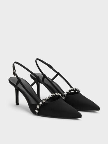 Faux Suede Crystal Slingback Pumps, Black Textured, hi-res