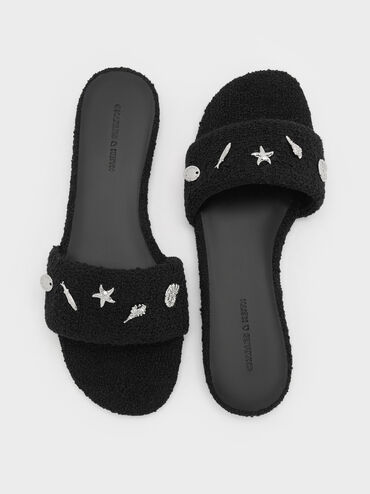 Tweed Beach Slide Sandals, Black Textured, hi-res