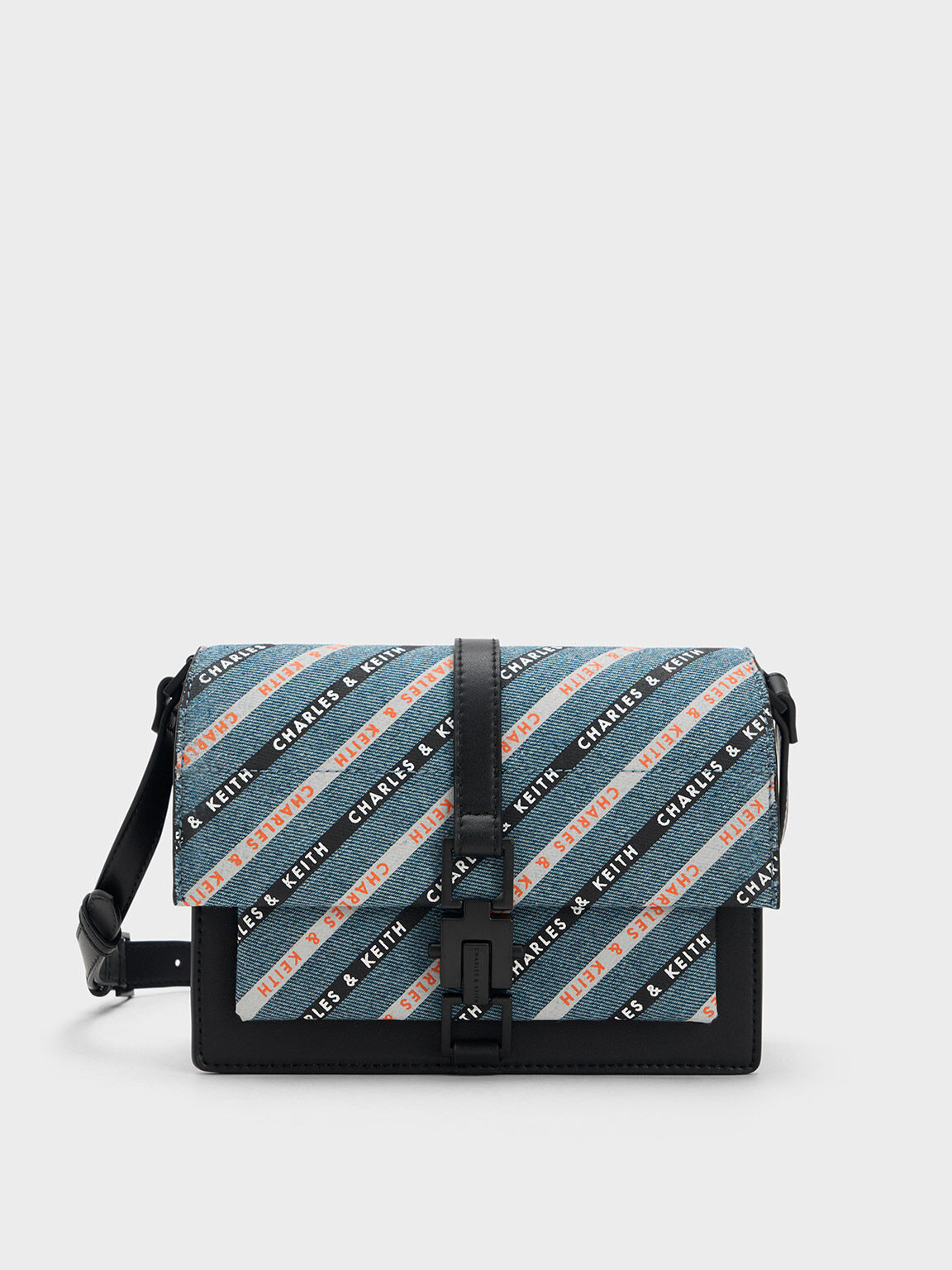 Dua Striped Denim Buckled Crossbody Bag, Black Textured, hi-res