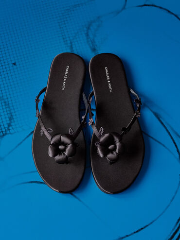 D&eacute;p kẹp Puffy Flower, Đen họa tiết, hi-res