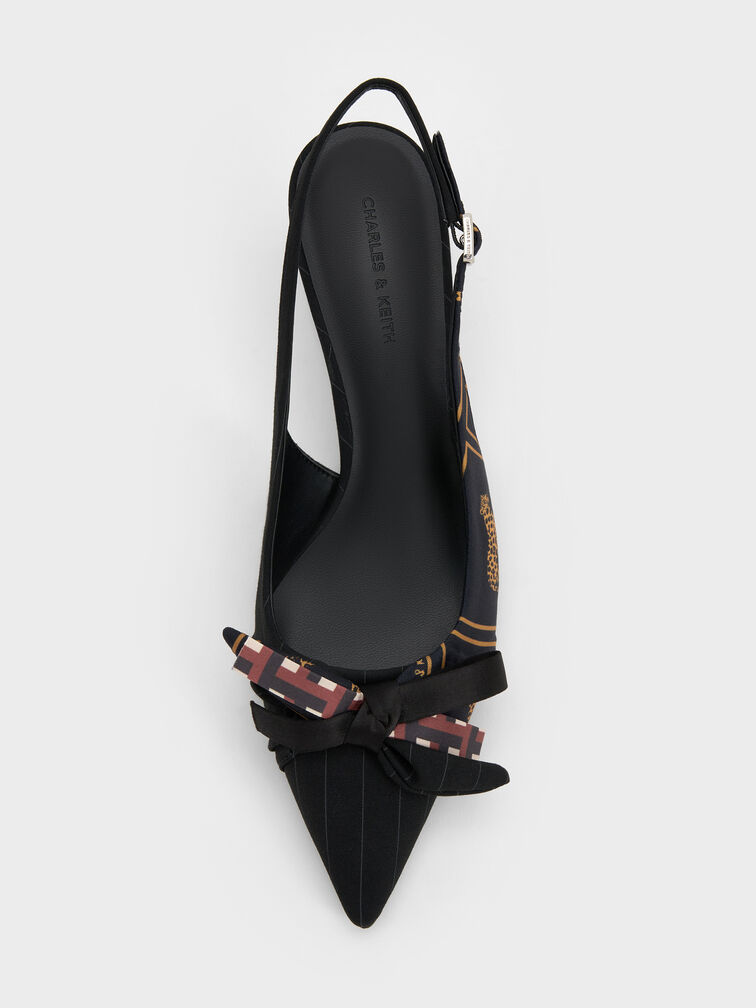 Satin Printed-Bow Pointed Slingback Pumps, Black Textured, hi-res