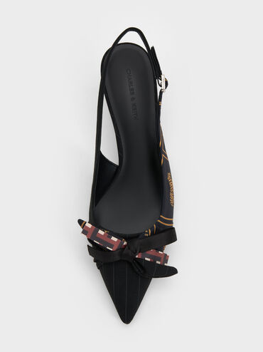 Satin Printed-Bow Pointed Slingback Pumps, Black Textured, hi-res