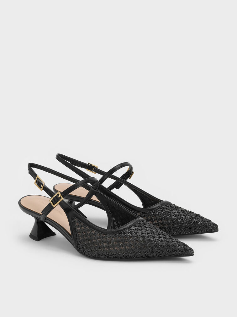 Gi&agrave;y cao g&oacute;t mũi nhọn Raffia, Đen họa tiết, hi-res
