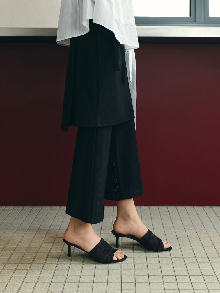 Gi&agrave;y mules cao g&oacute;t Faux Suede Ruched, Đen họa tiết, hi-res