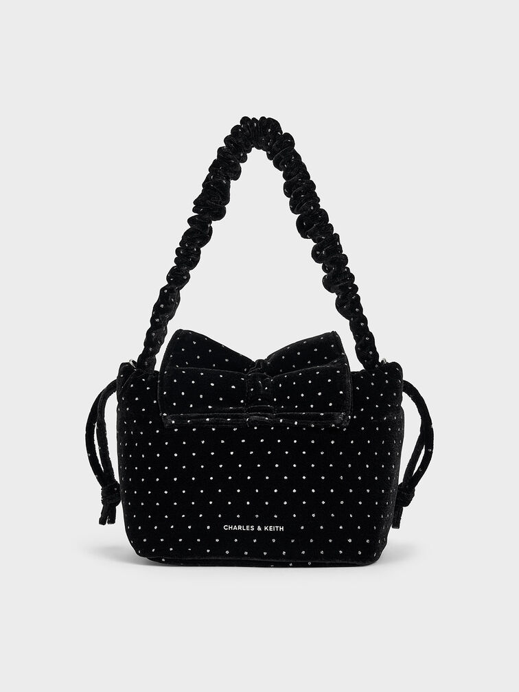 T&uacute;i x&aacute;ch h&igrave;nh thang Velvet Dotted Bow Ruched, Đen họa tiết, hi-res