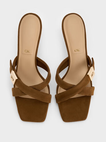 Cody Suede Crossover Heeled Mules, Brown, hi-res