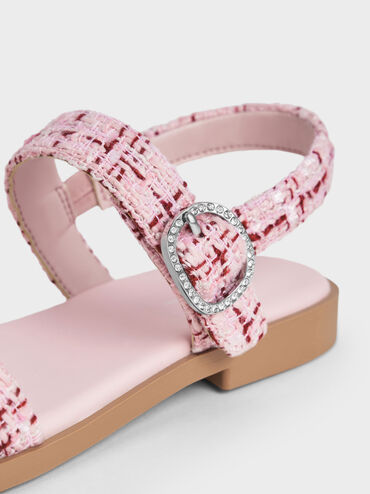 Girls' Tweed Crystal-Buckle Double-Strap Slingback Sandals, Pink, hi-res