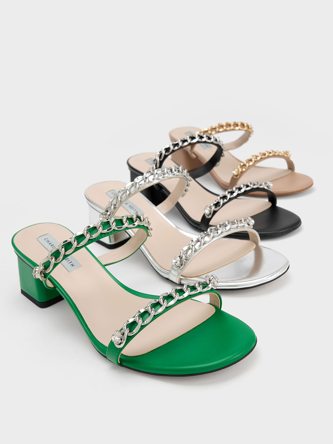 Giày sandals cao gót Chain-Link Block Heel, Đen, hi-res