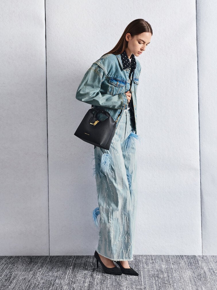 Chance Recycled Leather Turn-Lock Bucket Bag, Black, hi-res