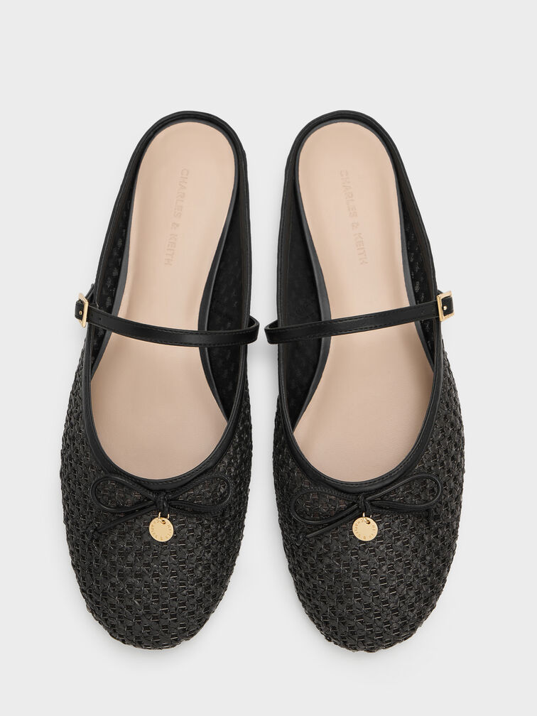 Gi&agrave;y mules đế thấp Raffia, Đen họa tiết, hi-res