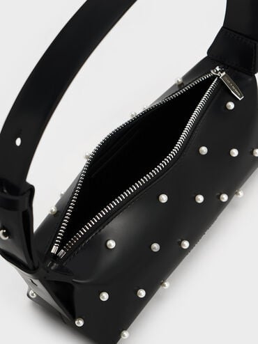 Pearl-Embellished Leather Top Handle Bag, Black, hi-res